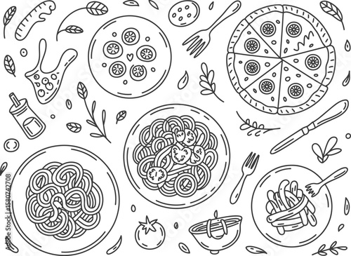 Hand drawn doodle illustration of italian food and ingredients on a white background
