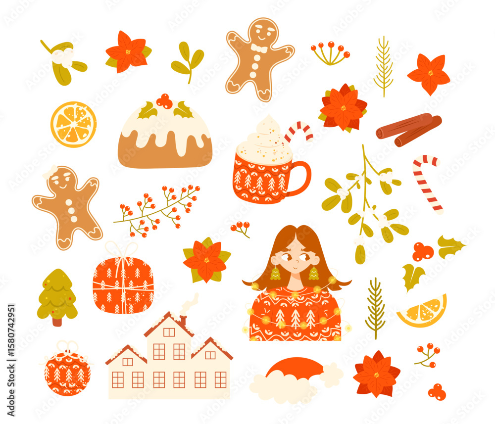 Fototapeta premium Set of cozy Christmas and winter holidays vector elements isolated on white background - mistletoe, holly berry, gingerbread, Christmas tree, gift box, girl in knitted sweater, candy cane and so on
