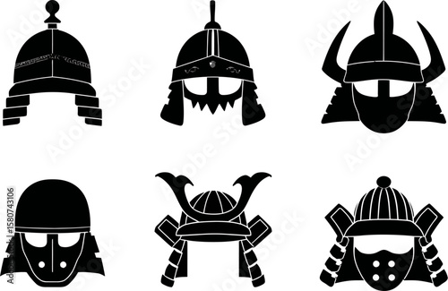 Six black samurai helmets representing Japanese warrior armor, a classic design element for historical and cultural presentations, silhouette