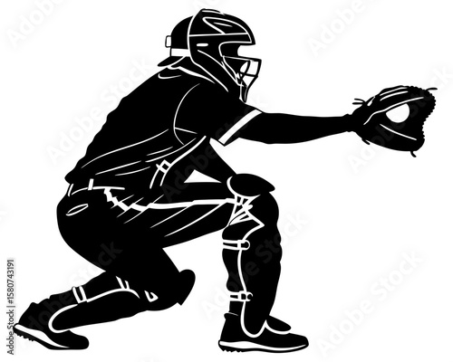 Baseball catcher in protective gear ready to catch silhouette