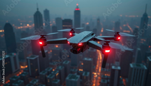 Aerial drone flying over a city skyline at dusk, high-tech mood, illuminated buildings
