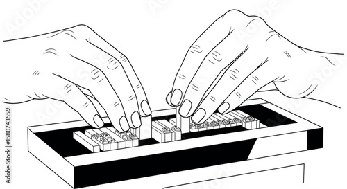 Hands Setting Movable Type for Traditional Letterpress Printing Line Art