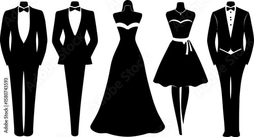 Formal attire showcases elegance with black tie tuxedos and stylish dresses, creating a sophisticated fashion statement for upscale events, silhouette