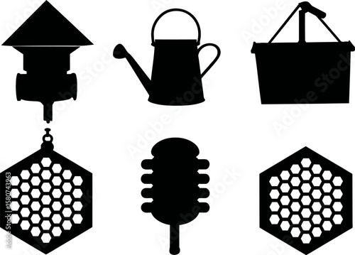 Six black silhouettes showcase a birdhouse, watering can, picnic basket, honey dipper and bee cell decorations against a white backdrop.