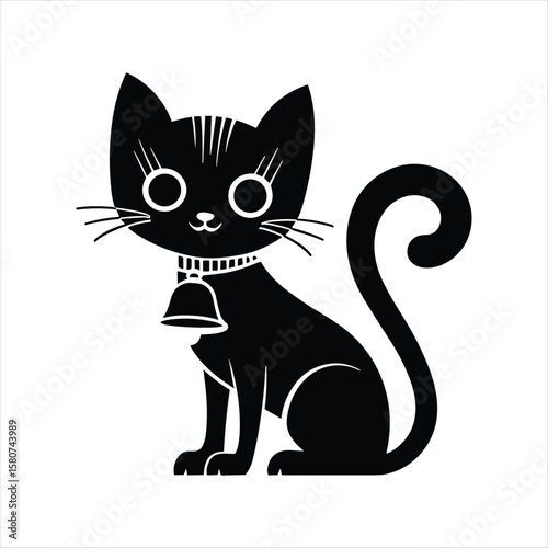 Black cat silhouette with bell and curled tail on white background collar