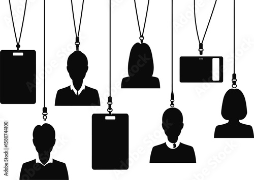 Silhouettes of people and cards hanging on lanyards are featured in this modern monochrome design for event badges.