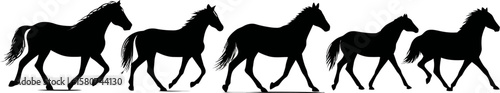 Galloping horses in black silhouette against a white background evoke freedom, power, and equine beauty.