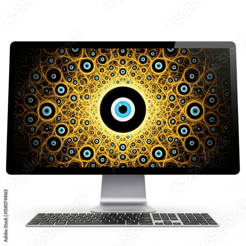 Abstract pattern golden black eyes blue irises, evil eye Nazar amulet pattern background computer wallpaper