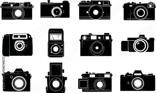 Twelve vintage cameras displayed in black silhouette offer a nostalgic glimpse into classic photographic equipment and camera design.