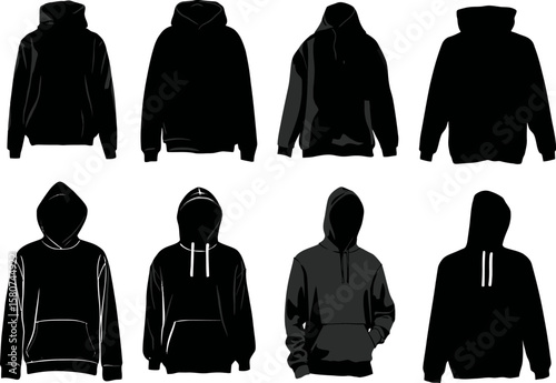 Eight black hoodies display variations in style and design, perfect for fashion mockups or clothing templates with a transparent background, silhouette