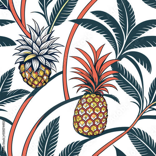 Seamless pattern featuring fresh, ripe, and juicy tropical pineapples on a white background, perfect for a healthy food design