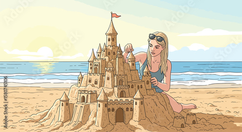 Young Woman Building Grand Sandcastle on Summer Beach - Creative Fun Illustration