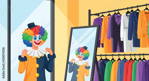 Happy Cartoon Clown Admiring Colorful Costume in Store Mirror