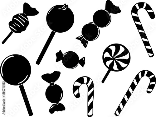 A delightful set of monochrome candies, lollipops, and candy canes creates a sweet, graphical, delicious, and appealing silhouette pattern.