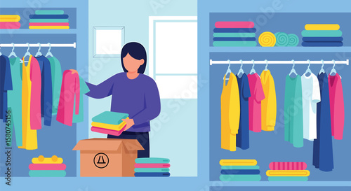 Woman Organizing Closet, Donating Clothes for Home Decluttering. Flat Design Illustration of Wardrobe Management.