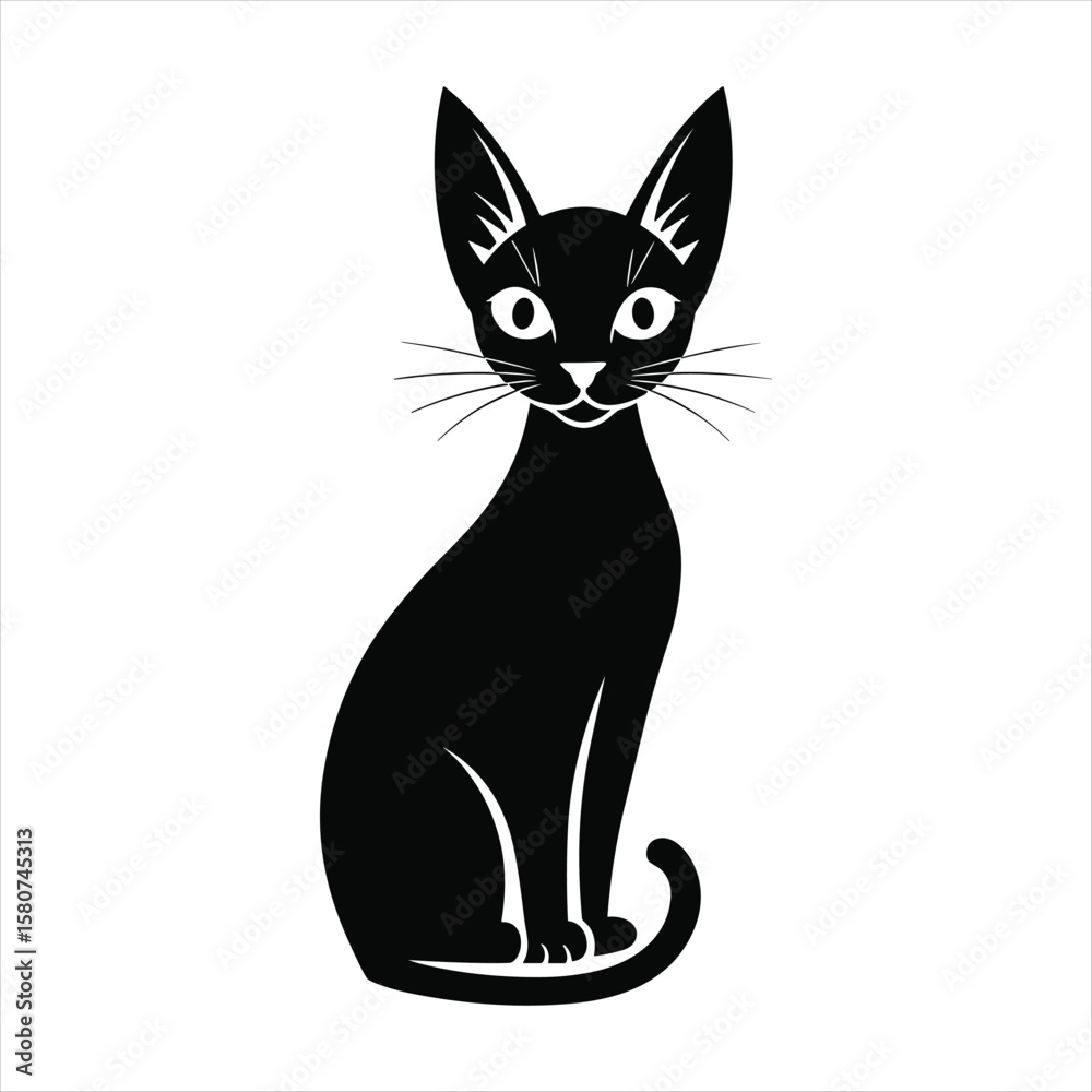 Obraz premium Black cat silhouette sitting with large eyes and whiskers on white background animal