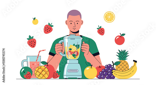 Man Preparing Healthy Fruit Smoothie with Fresh Fruits Illustration