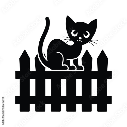 Black cat silhouette sitting on a black picket fence vector