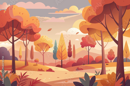Autumn Landscape Illustration Warm Colors Fall Foliage