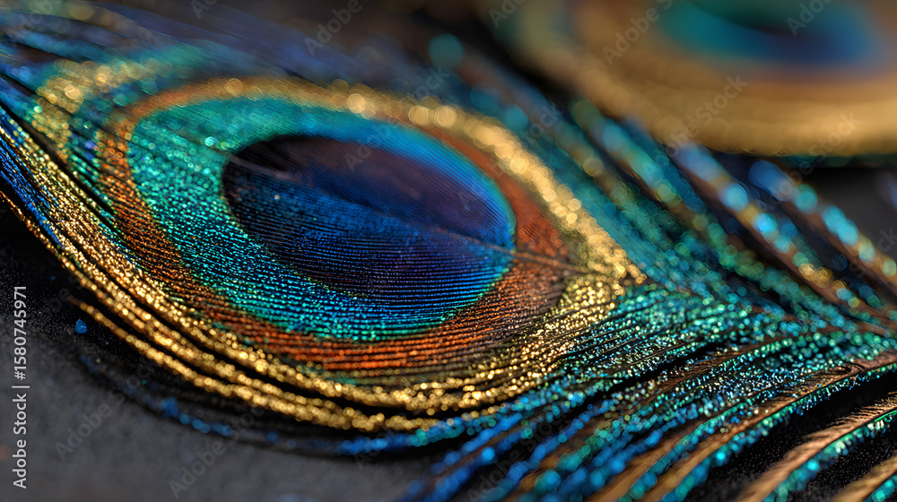 Fototapeta premium Stylish dark feather texture background. Colorful peacock feathers, Shallow Dof. Peacock feather , close up of black and gold feathers background. Top view