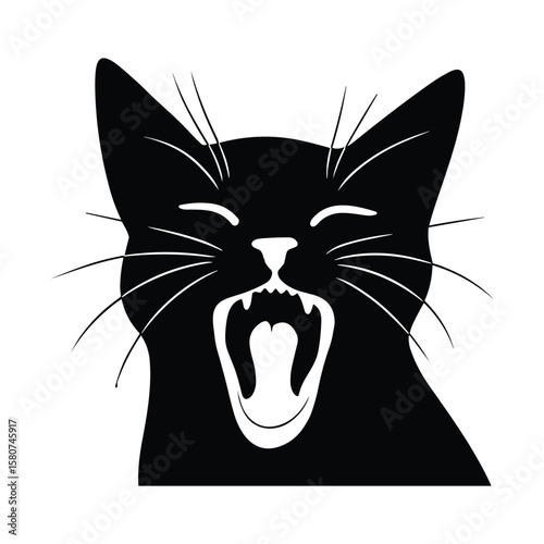 Black cat silhouette yawning with mouth wide open and sharp teeth open mouth