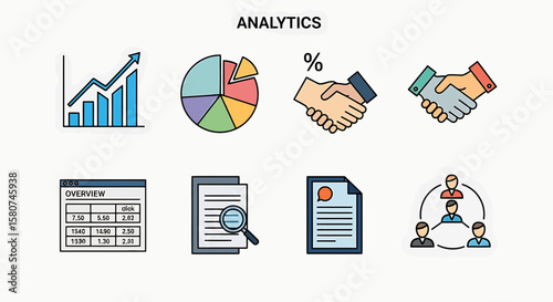 Business analytics icons illustrating growth, data analysis, partnerships, and teamwork.