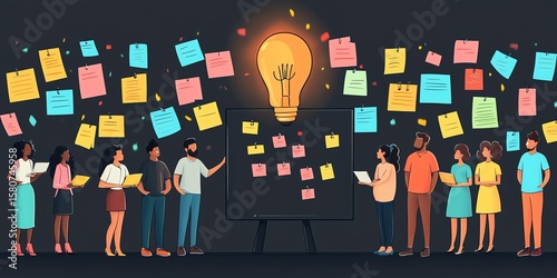 Team brainstorming ideas, sticky notes, innovation