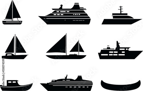 Set of boat and ship silhouette icons illustrating various sea vessels for marine transportation