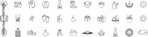 Wellness, Self-Care line icon set. Vector pictograms of mental clarity, fitness, nutrition, relaxation, meditation, mental health, stress relief, body-mind connection thin linear illustration.

