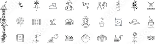 Gardening, Agriculture line icon set. Vector pictograms of grow your own food, watering can, greenhouse, seedling, sprout, farmer, pollination, fertilizer thin linear illustration.
