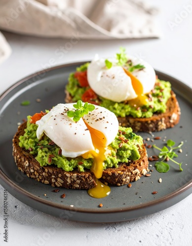 Savory poached eggs on avocado toast with runny yolks, herbs, flax seeds, and pepper, served on rustic bread and a dark ceramic plate for a cozy brunch feel.