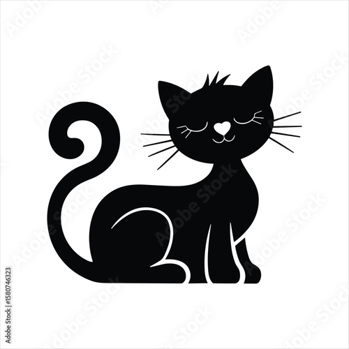 Black cat silhouette with closed eyes and curled tail on white background animal