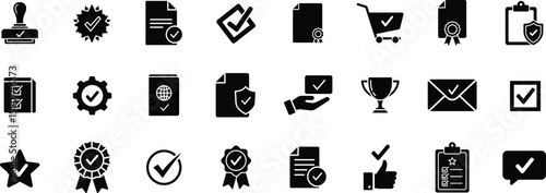Checkmark, approval icon set. Vector glyph pictograms of validation, certification, confirmation concept, checklists, documents, awards, and security verification black silhouette illustration.

