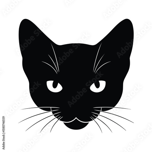Black cat face silhouette with white eyes and whiskers on white background feline animal