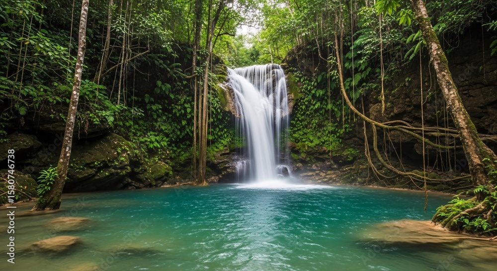 Fototapeta premium Lush Rainforest Waterfall with Clear Pool, Moss-Covered Rocks and Tropical Greenery, Vibrant Jungle Scene, Tropical Waterfall Landscape