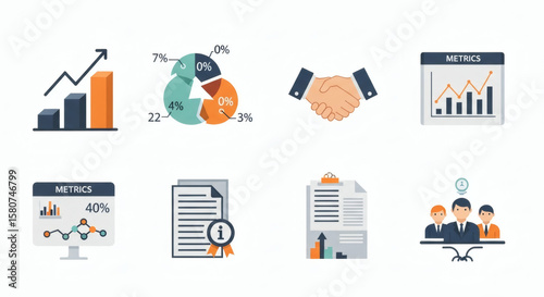 Set of business icons showing growth, charts, handshake, documents, and teamwork in a flat design style.