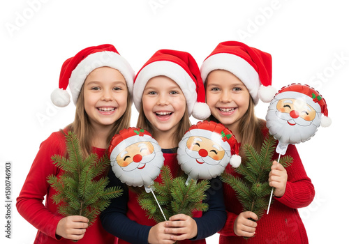 Group of children with pine branches and santa hats isolated on transparent background