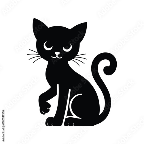 Black cat silhouette with closed eyes and raised paw on white background animal