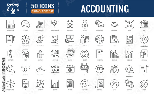 Accounting Line Icon Set. Includes Finance, Tax,
Audit, Invoice, Business Reports, and More.
Vector Illustration with Editable Strokes