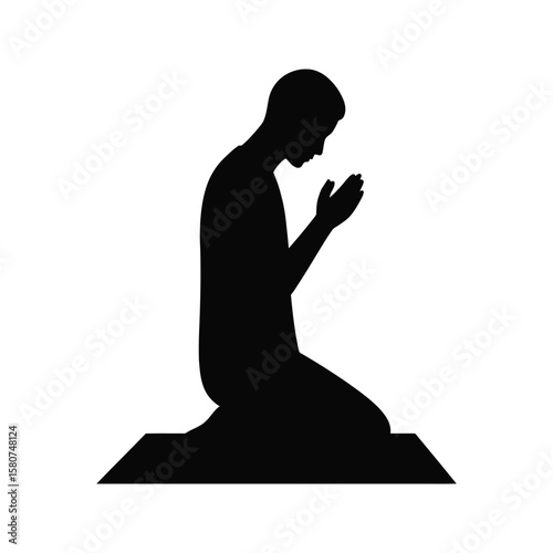 Silhouette of a man kneeling in prayer black and white illustration religious faith spiritual devotion worship
