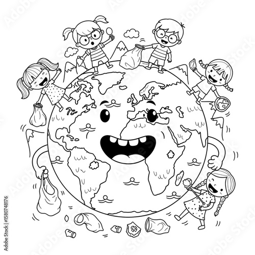 Kids Cleaning Planet Earth Coloring Page: Environmental Awareness