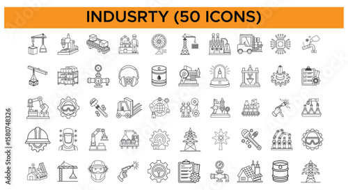 Industrial Vector Icons Set – 50 Thin Outline Industry Symbols

