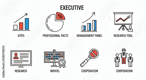 Executive business infographic icons illustrating key performance indicators, professional facts, management, research, and cooperation.