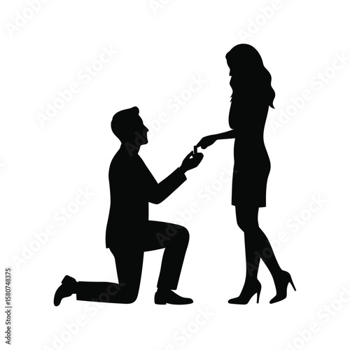 Silhouette of a man proposing to a woman marriage proposal engagement vector illustration