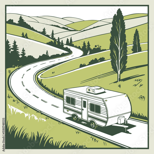 rural adventure camper van vector graphic with scenic road winding through green hills landscape