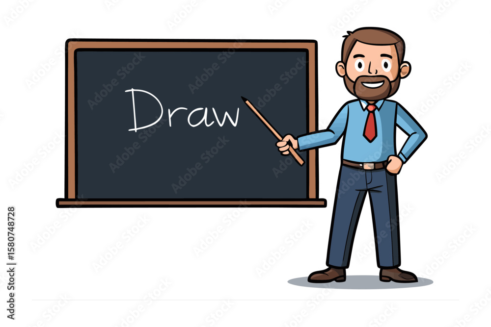 Creative Instruction: A dedicated educator stands by a chalkboard. The teacher is pointing towards the word Creative Instruction: A dedicated educator stands by a chalkboard. The teacher is pointing towards the word