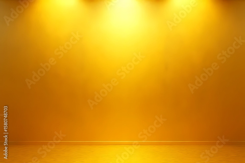 Golden yellow studio interior with three spotlights illuminating a wall and floor creating a bright empty space