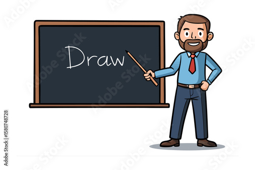 Creative Instruction: A dedicated educator stands by a chalkboard. The teacher is pointing towards the word "Draw" with a sense of guidance, wisdom, and inspiring creativity