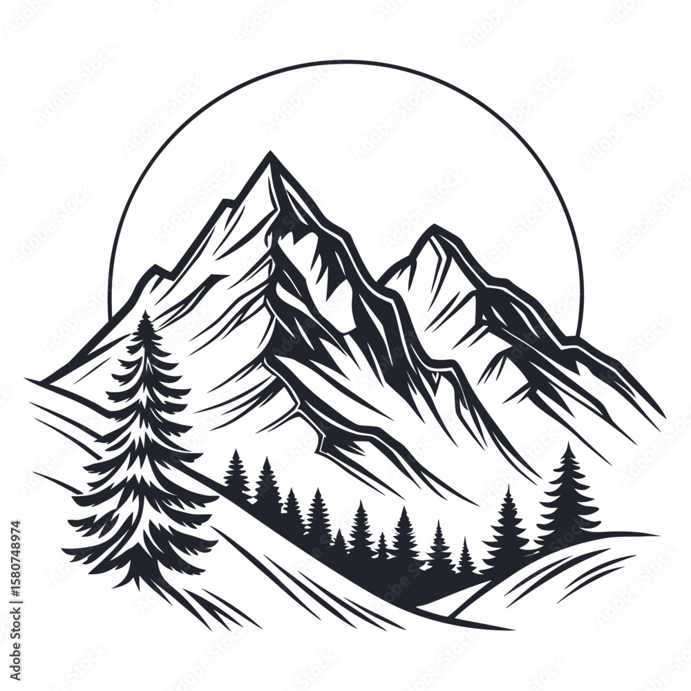 Obraz premium Monochrome Vintage Mountain Range Illustration with Pine Trees and Sun