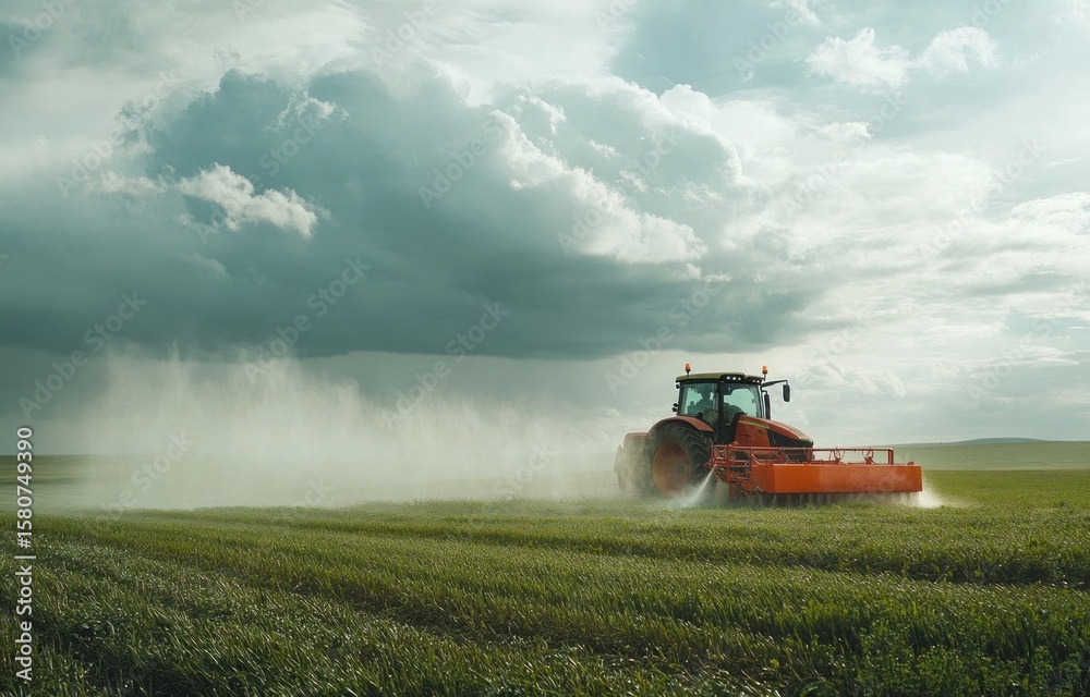Fototapeta premium Tractor spraying fertilizer on a green field under a dramatic sky, showcasing modern agricultural practices and sustainable farming